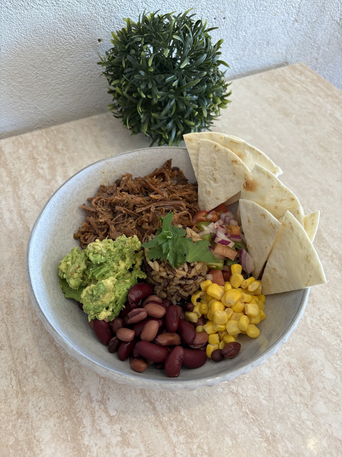 Loaded bowl with pulled meat, beans, corn, guacamole and tortilla